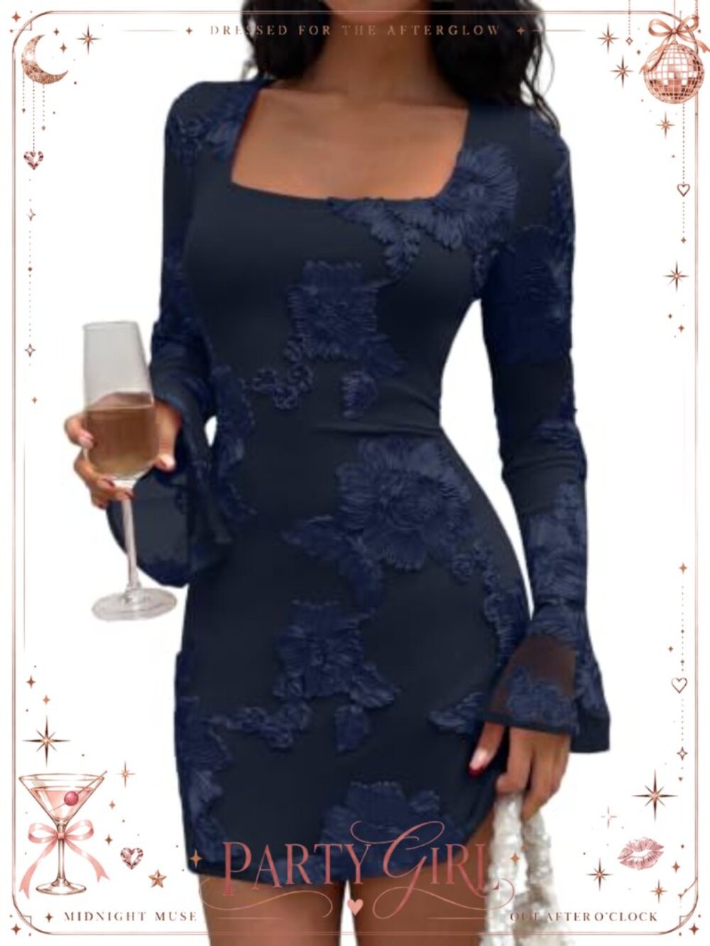 Women Floral Bodycon Mesh Mini Dress Long Sleeve Square Neck Cocktail